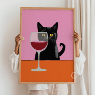 Poster d'impression en verre de vin de chat noir
