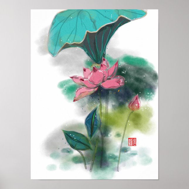 Poster d'impression Lotus Asian Ink Art (Devant)