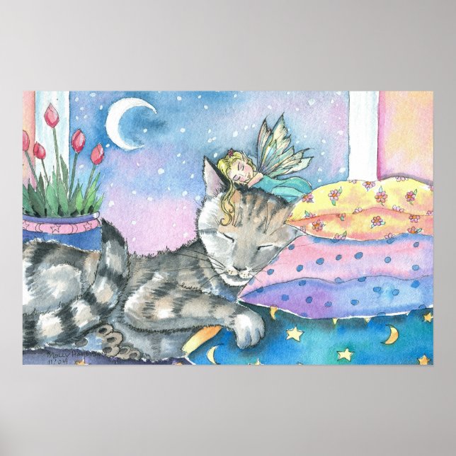 Poster d'impression Whimsical Fairy and Tabby Cat  (Devant)