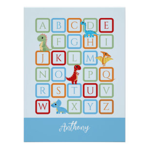 Poster Dinosaure Alphabet monogramme bleu