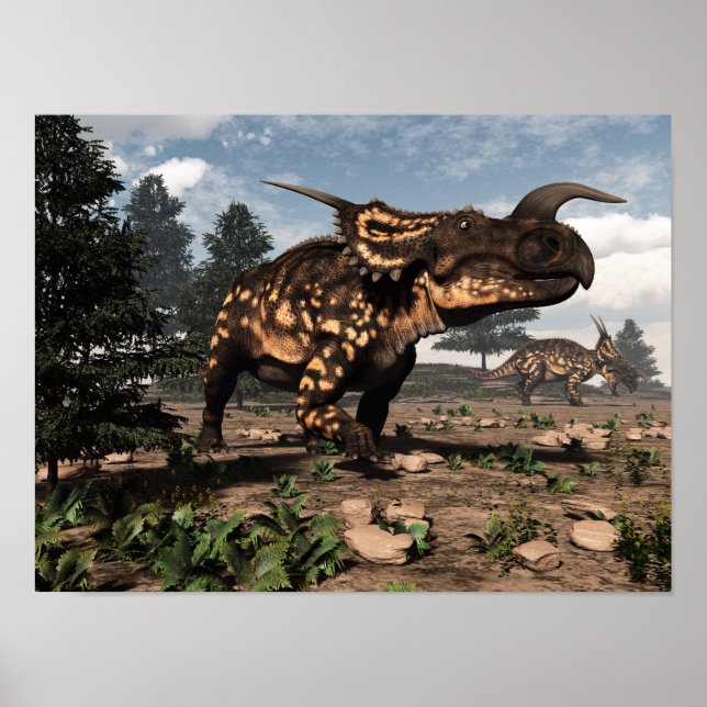 Poster dinosaures Einiosaurus dans le désert - rendu 3D (Devant)