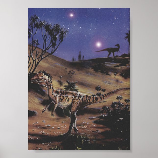 Poster Dinosaures vintages, Dilophosaurus dans une nuit é (Devant)