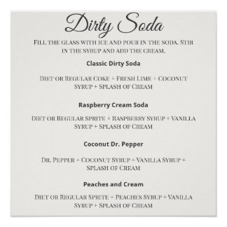 Poster Dirty Soda Bar Sign with Recipes for Wedding