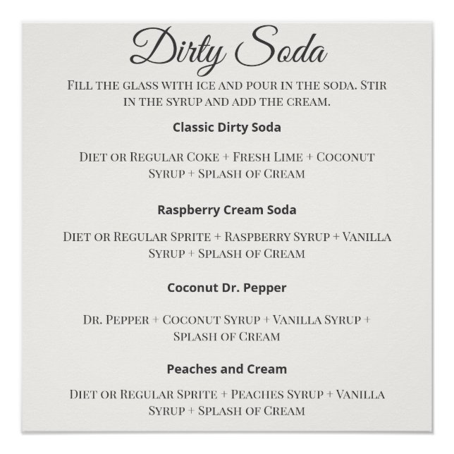 Poster Dirty Soda Bar Sign with Recipes for Wedding (Devant)