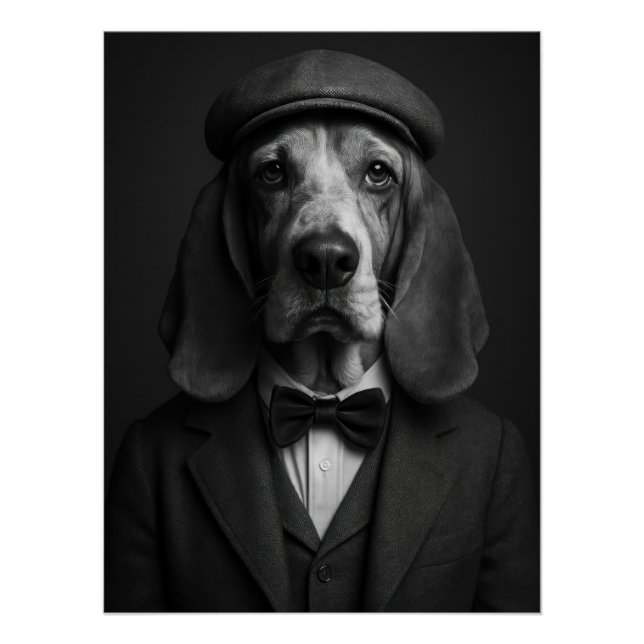 Poster Distinguished Basset Hound in Flat Cap & Bowtie (Devant)