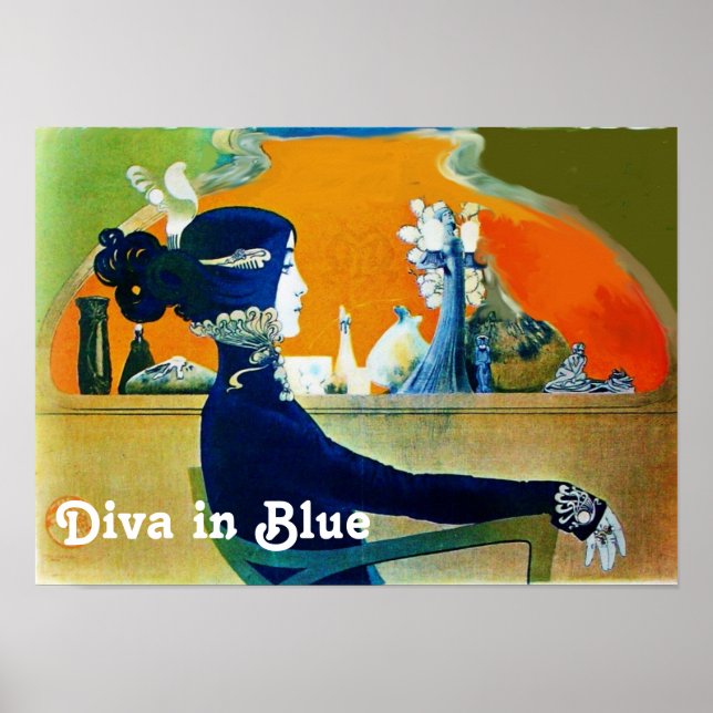 Poster DIVA EN BLEU / Beauté, Cheveux, Mode Art Nouveau (Devant)