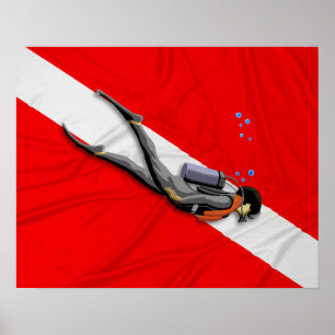 Poster Diver Et Drapeau De Plongée