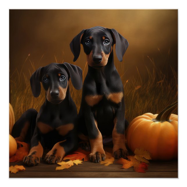 Poster Doberman Chiot Automne Citrouille de plaisir (Devant)