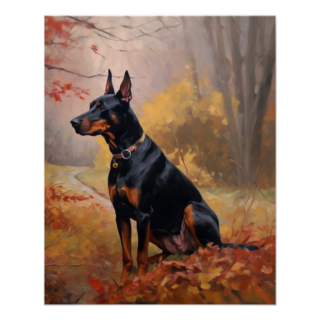 Poster Doberman dans les feuilles d'automne tombent inspi (Devant)