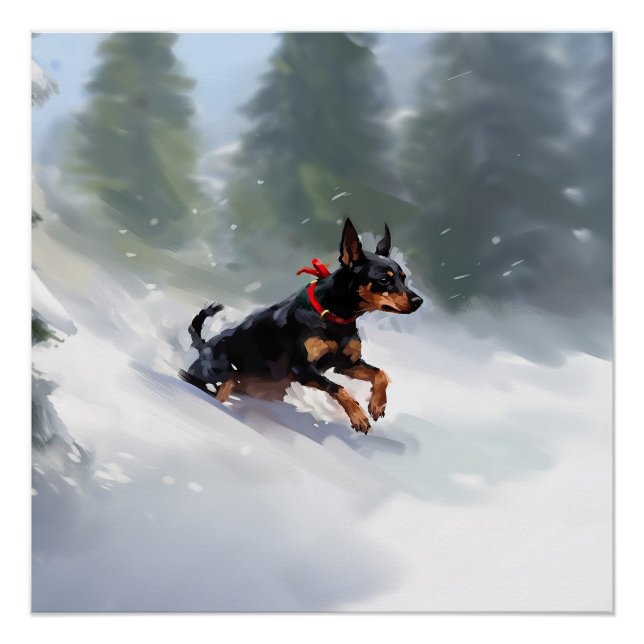 Poster Doberman Pinscher Noël neige hiver (Devant)