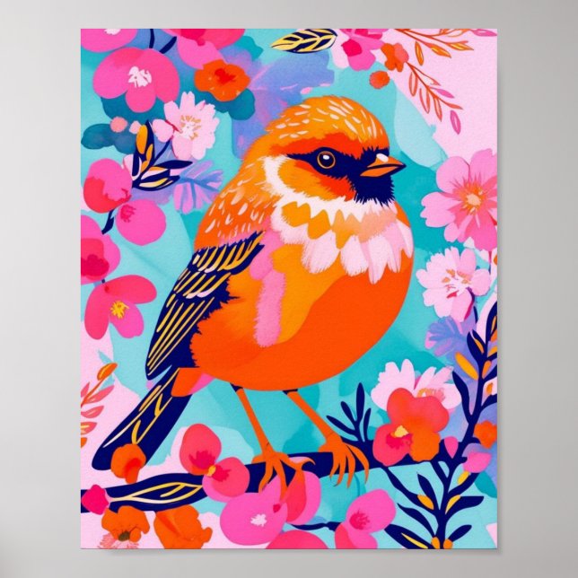 Poster d'oiseaux chanteurs colorés - Design floral (Devant)