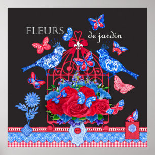 Poster d'oiseaux en porcelaine de fleur et de cage