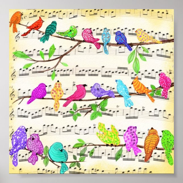 Poster d'oiseaux musicaux colorés Bonne Chanson de (Devant)