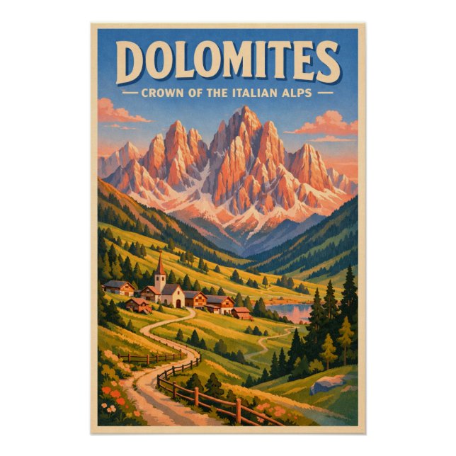 Poster Dolomites, Italie, dans un classique voyage rétro (Devant)