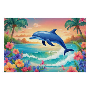 Poster Dolphin et belle île tropicale, Hibiscus