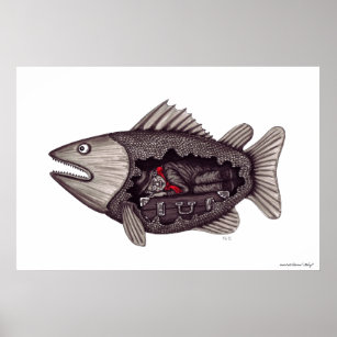 Poster Dormir dans le poisson surréaliste art noir et bla