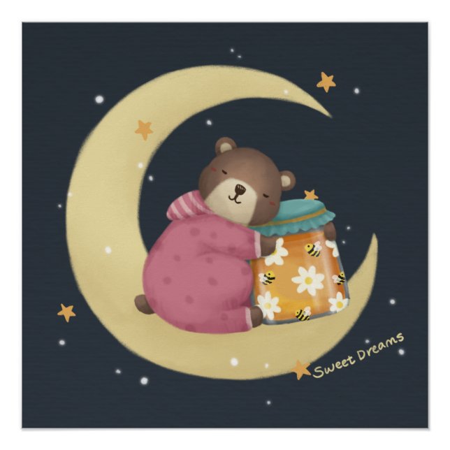 Poster Douces Rêves: Illustration de l'ours et du miel (Devant)