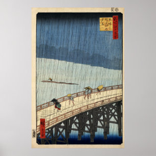 Poster Douche soudaine de Hiroshige au-dessus de pont de