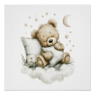 Poster Doux bébé ours profondément endormi sur des nuages