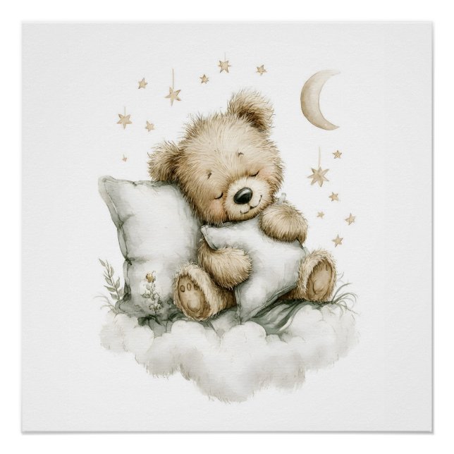 Poster Doux bébé ours profondément endormi sur des nuages (Devant)