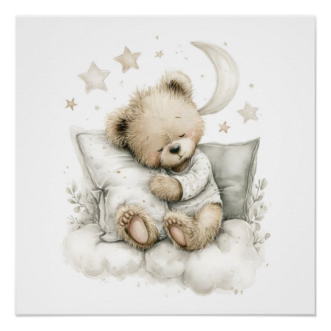 Poster Doux bébé ours profondément endormi sur des nuages (Devant)