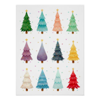 Poster Douze sapins de Noël festifs, aquarelle
