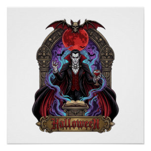 Poster Dracula Halloween Lune Rouge Chauves-Souris Crâne_
