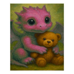 Poster Dragon Bébé rose mignonne avec ours en peluche