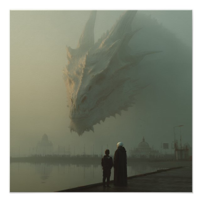 Poster Dragon Blanc Géant au-Dessus de la Jetée de la Vil (Devant)