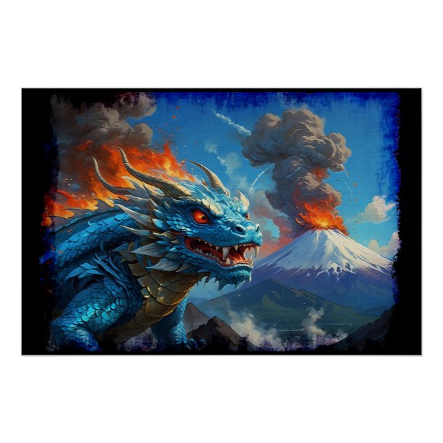 Poster Dragon bleu chinois et volcan (Devant)