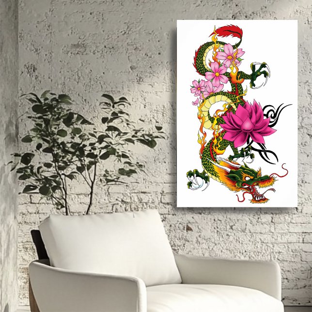 Poster Dragon Chinois Vert Gras Tatouage Lotus Sarcelle (Créateur téléchargé)
