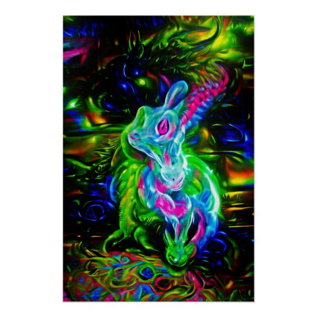 Poster Dragon de lapin psychédélique à Neon Imaginaire (Devant)
