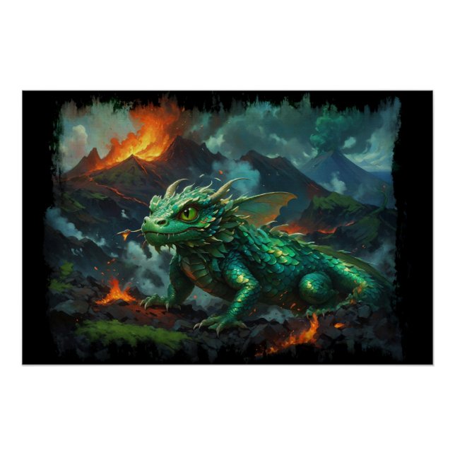 Poster Dragon hawaïen se réchauffant sur la lave (Devant)