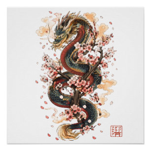 Poster Dragon Japonais avec Fleurs de Cerisier Mythe Sa