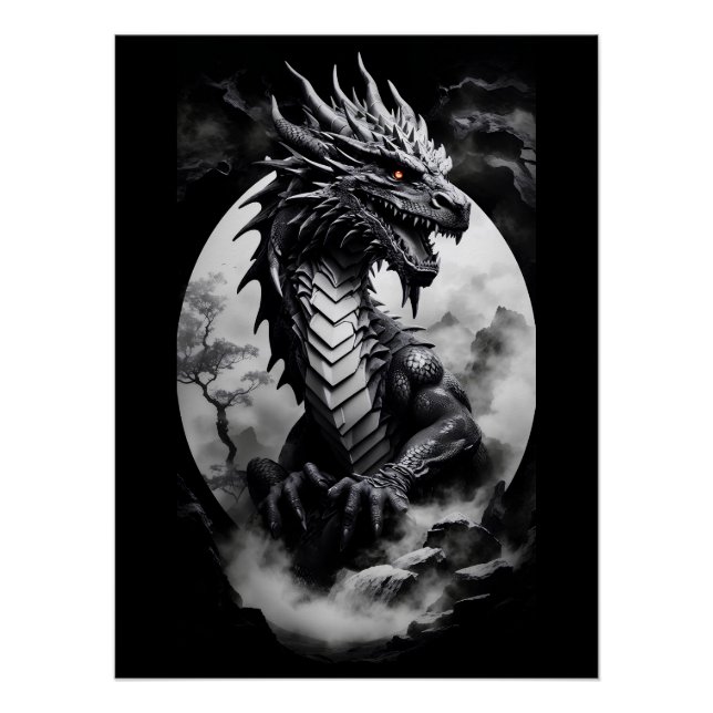 Poster Dragon noir et blanc (Devant)