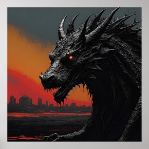 Poster Dragon Noir Retro Imprimer
