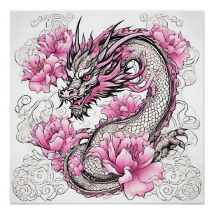 Poster Dragon Oriental aux Fleurs Roses Vibrantes
