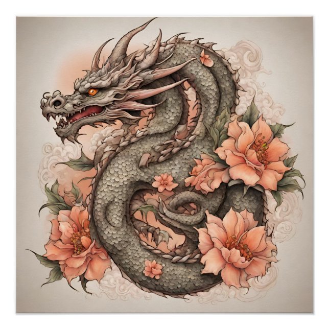 Poster Dragon oriental et fleurs (Devant)