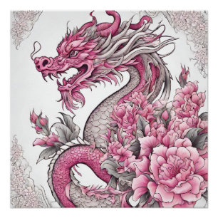 Poster Dragon oriental et fleurs roses