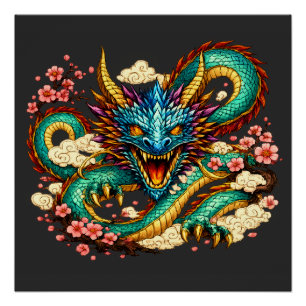 Poster Dragon Oriental & Fleurs de Cerisier Fantastique
