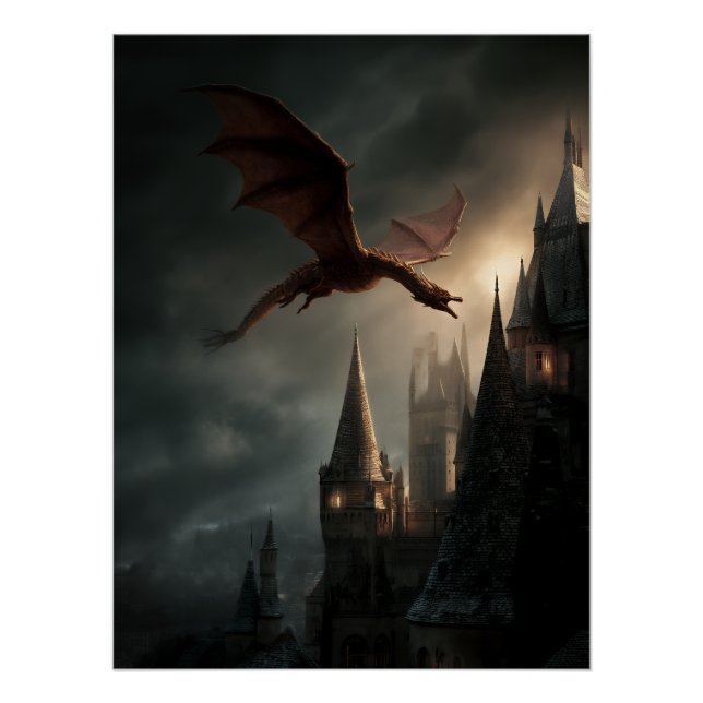 Poster Dragon Rouge Sur Château Gothique (Devant)