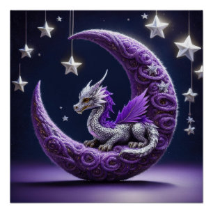 Poster Dragon Violet Et Blanc Reposé Sur Une Lune Crescen