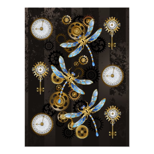 Poster Dragonflies de Steampunk sur arrière - plan rayé b (Devant)