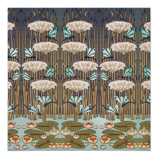 Poster Dragonflies Water Lilies Marais Art Nouveau (Devant)