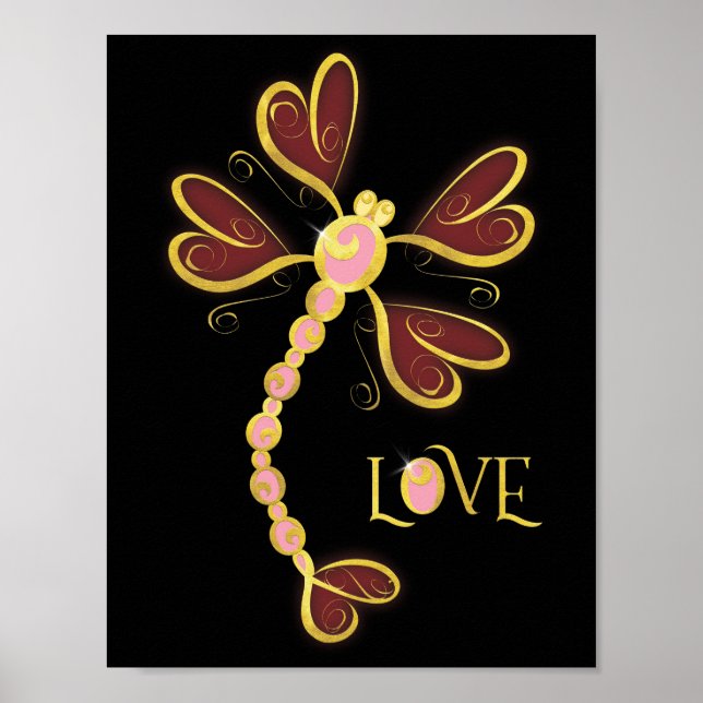 Poster Dragonfly à ailes cardiaques "Love" or joli design (Devant)