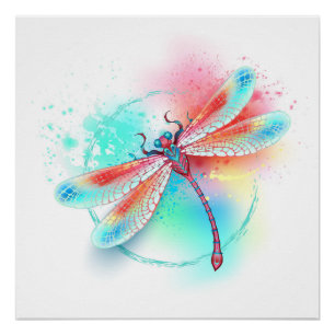 Poster Dragonfly rouge sur l'arrière - plan aquarelle