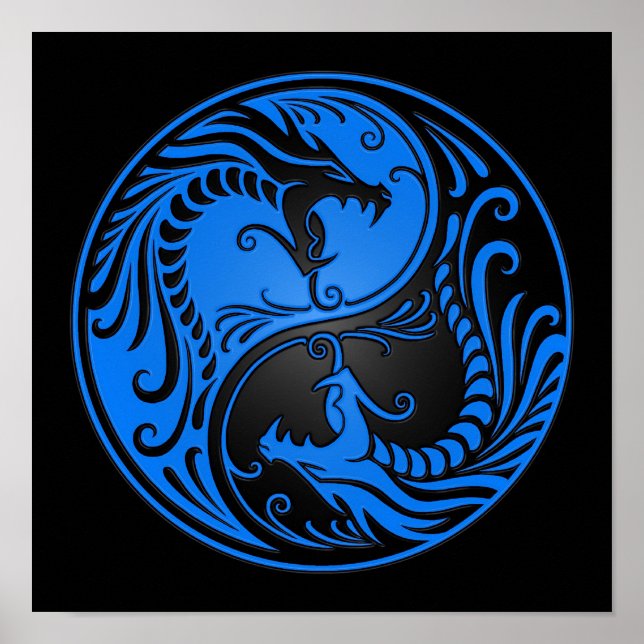 Poster Dragons Yin Yang bleu et noir (Devant)