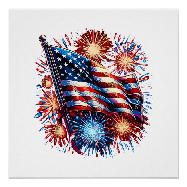 Poster Drapeau américain Feux d'artifice Patriotique (Devant)