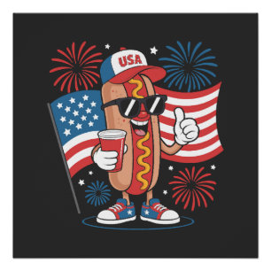 Poster Drapeau américain hot-dog 4 juillet Fête patriotiq