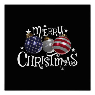 Poster Drapeau Américain Joyeux Noël Arbre Boules US Patr